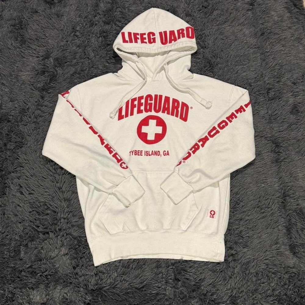 Lifeguard Tybee Island GA Hoodie White Red Graphic Pullover Sweatshirt Mens L